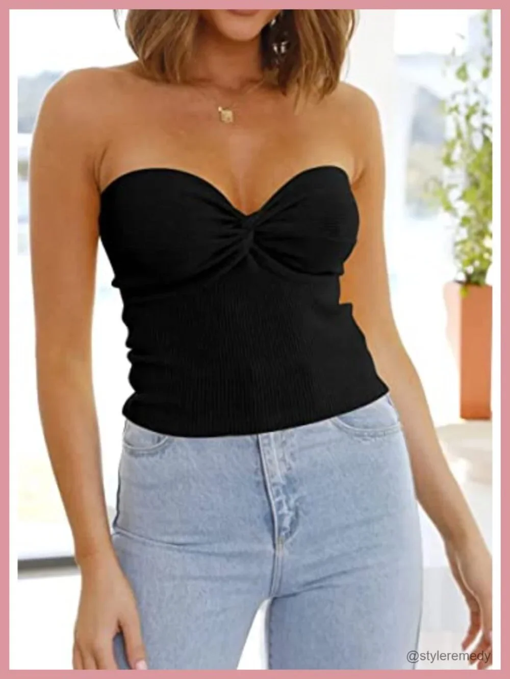 Soft Twist-Knot Ribbed Knit Strapless Crop Tube Top, Sleeveless Summer Beach